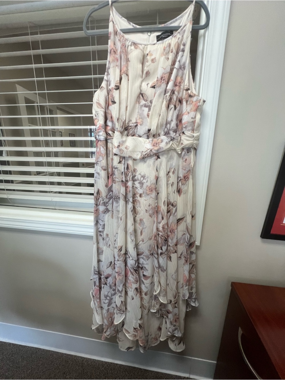R&M Richards Cream Floral Halter High-Low Dress with Tie Waist